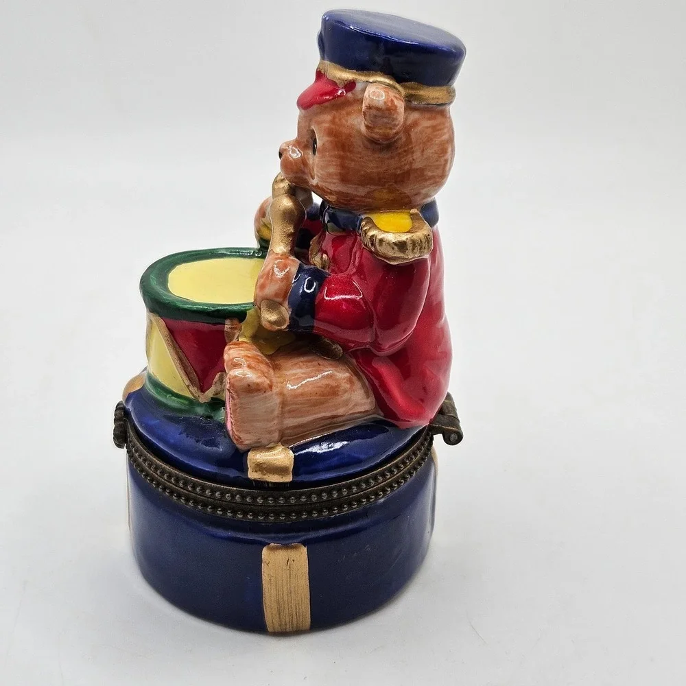 VTG Teddy Bear Drummer Hinged Trinket Box Ceramic Toy Soldier Mini Drum